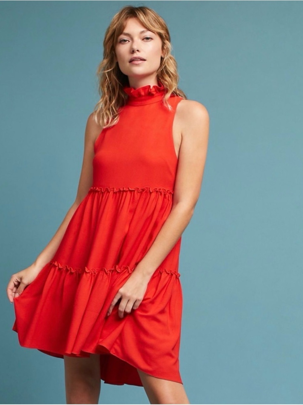 Anthropologie Elliatt Sonnet Sleeveless Ruffle High-Neck Orange Tiered Dress